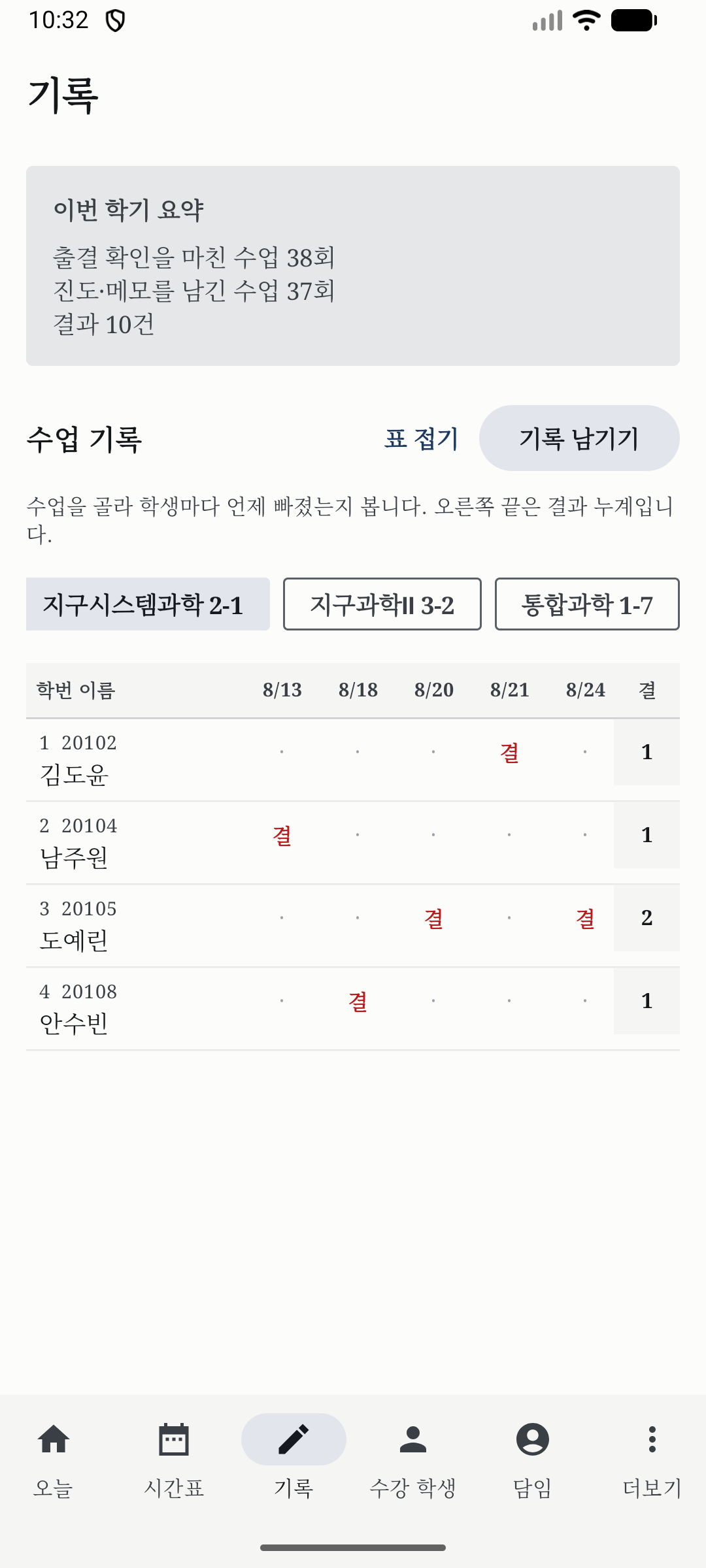 한 수업의 학생과 날짜를 교차해 결과를 표시한 출결표 화면
